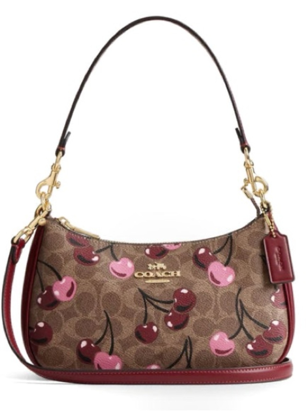 Coach Brown Shoulder Bag with Pink and Burgundy Cherry Print